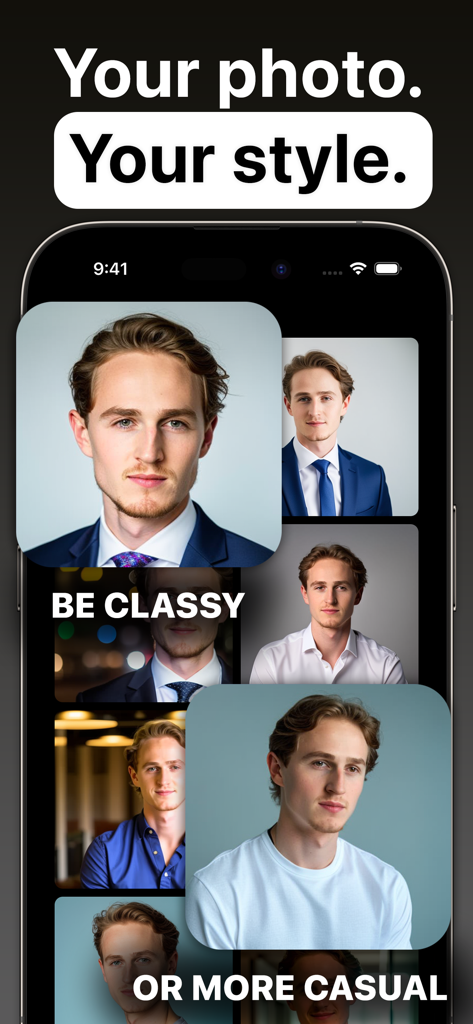 RealFake Photos - AI Headshots - Smartphone screen showing diverse AI generated professional and casual headshot styles for LinkedIn and CVs