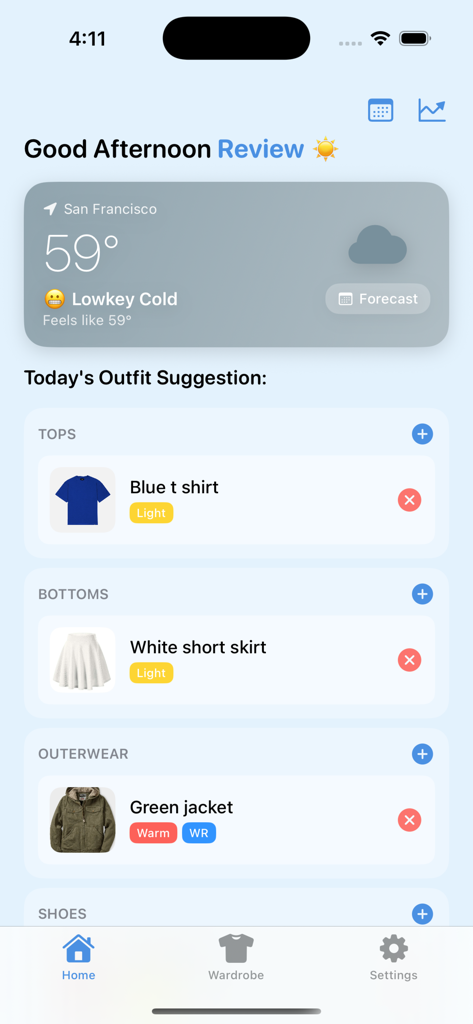 Wearther: What to Wear - Pantalla de inicio de la aplicación Wearther que muestra el pronóstico del tiempo local y sugerencias de atuendos personalizadas basadas en la temperatura