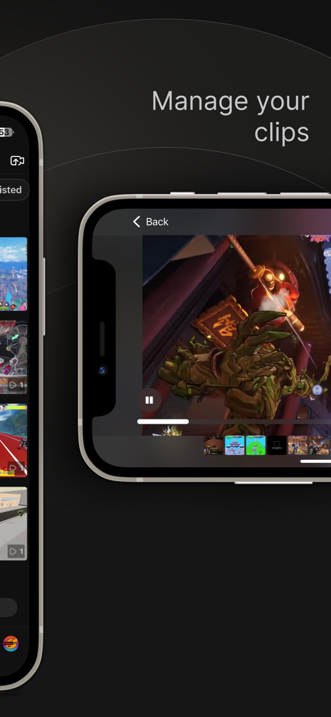 Medal app interface on two iPhones showing the manage clips feature and a gaming video player.