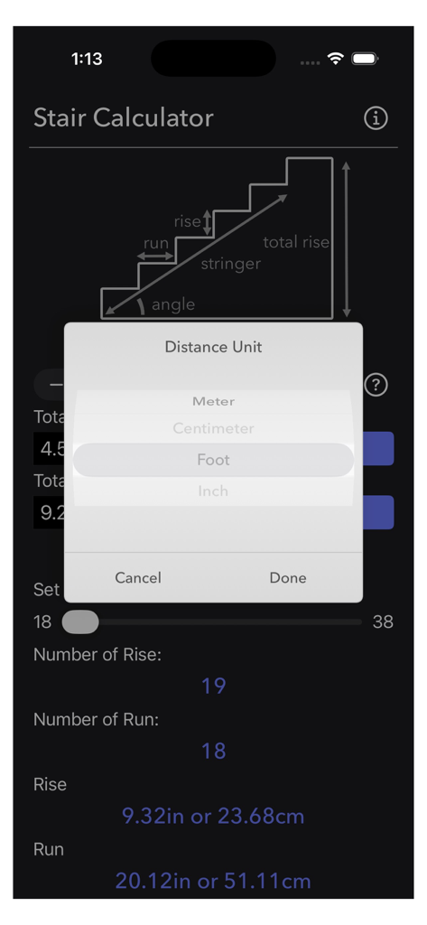 Stair Calculator Plus app showing distance unit selection menu