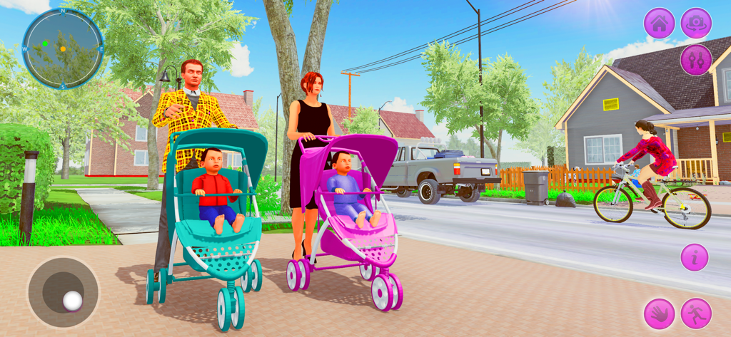 Babysitter Simulator 3D - A man and woman pushing baby strollers in a suburban 3D environment in Babysitter Simulator 3D