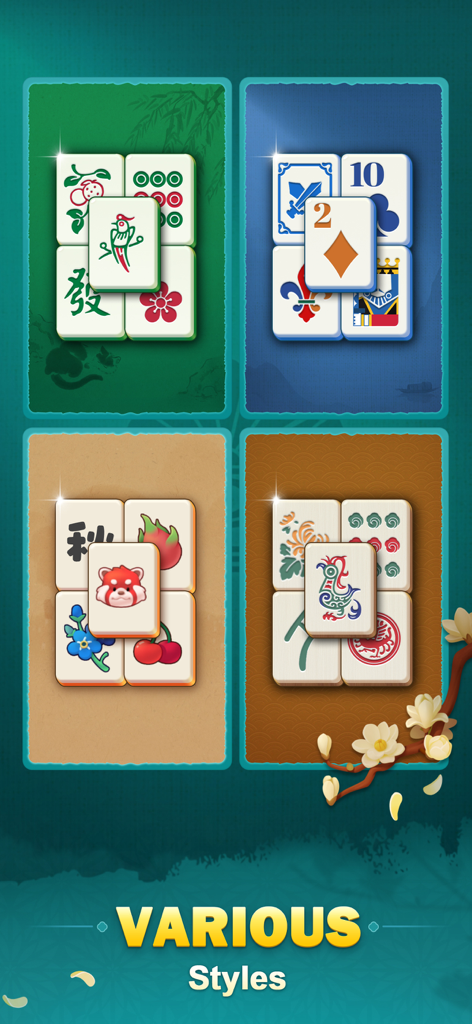 Mahjong Match：Classic Tiles！ - Cuatro diseños diferentes de losetas de Mahjong, incluyendo caracteres tradicionales y motivos de animales con gráficos extragrandes para mayor visibilidad.