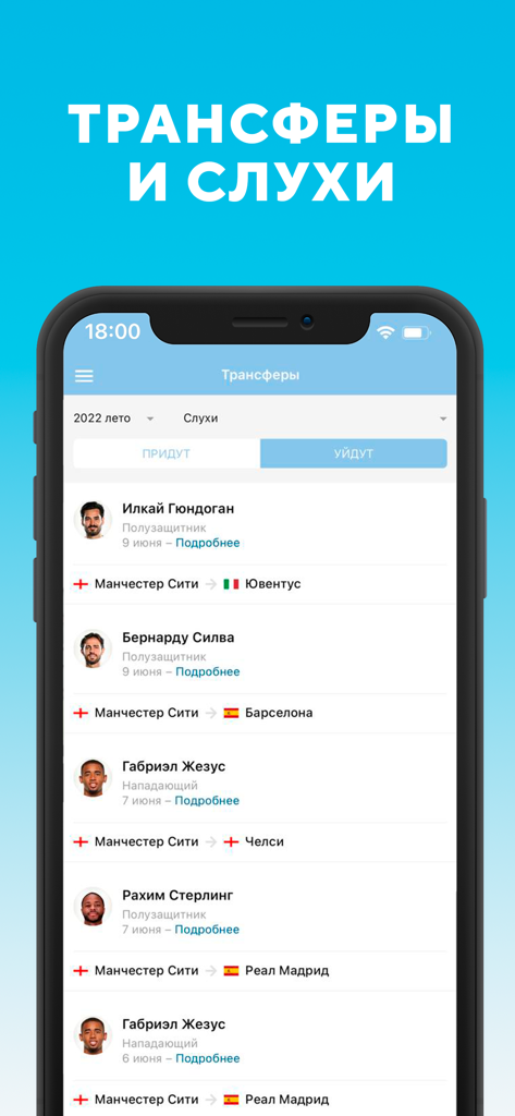 Манчестер Сити от Sports.ru - Interface of the Manchester City app by Sports.ru showing football transfer news and rumors in Russian