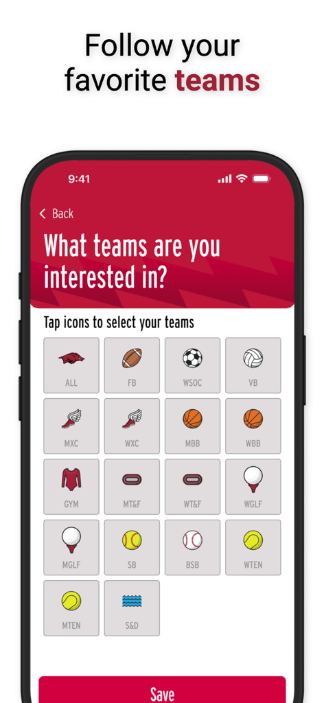 Arkansas Razorbacks - A mobile phone screen showing a list of Arkansas Razorbacks sports teams like football, basketball, and baseball with icons for user selection.