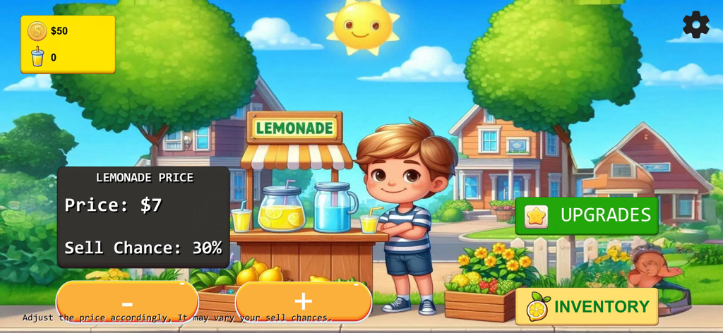 Lemonade Business Tycoon - A cartoon boy standing by a lemonade stand with a dynamic pricing interface showing sell chance and price adjustments.