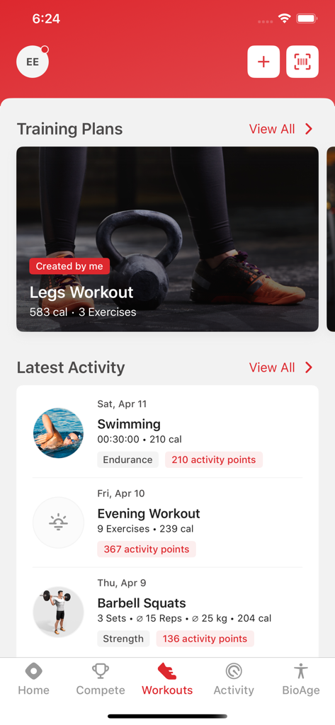Matrix Community 360 - Basic - Matrix Community 360 app interface showing training plans and latest workout activities