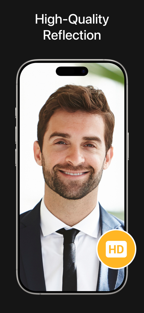 True Mirror App: Makeup Mirror - High quality HD reflection feature in the True Mirror App showing a professional man in a suit