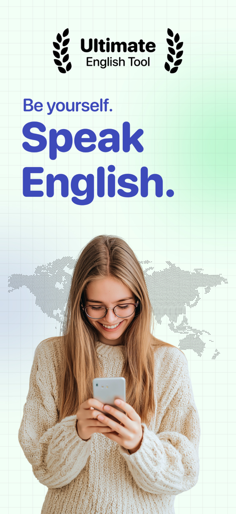 Speak & Learn English: Lina - A young woman smiling while using the Lina AI English tutor app on her phone