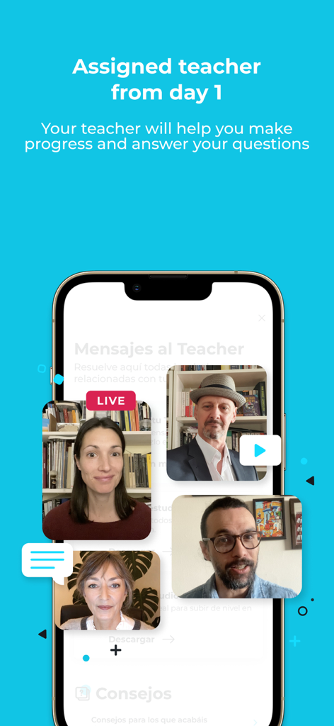 ABA English - Learn English - ABA Englishアプリのインターフェースのスクリーンショット。担当のネイティブ講師とライブクラスのオプションが表示されています。