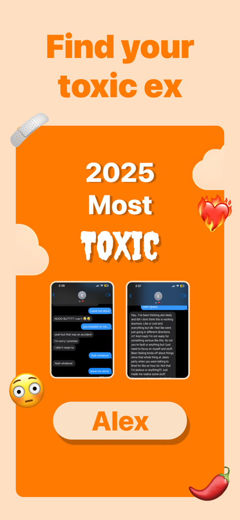 A screen from the 2025 Wrapped app showing the Most Toxic feature identifying an ex-partner with chat logs