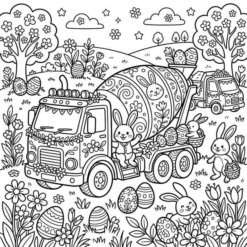 Get ready for an adorably unique Easter celebration with this charming coloring page featuring festive cement trucks and playful bunnies. It's a delightful blend of springtime cheer and construction-themed fun, perfect for all ages.