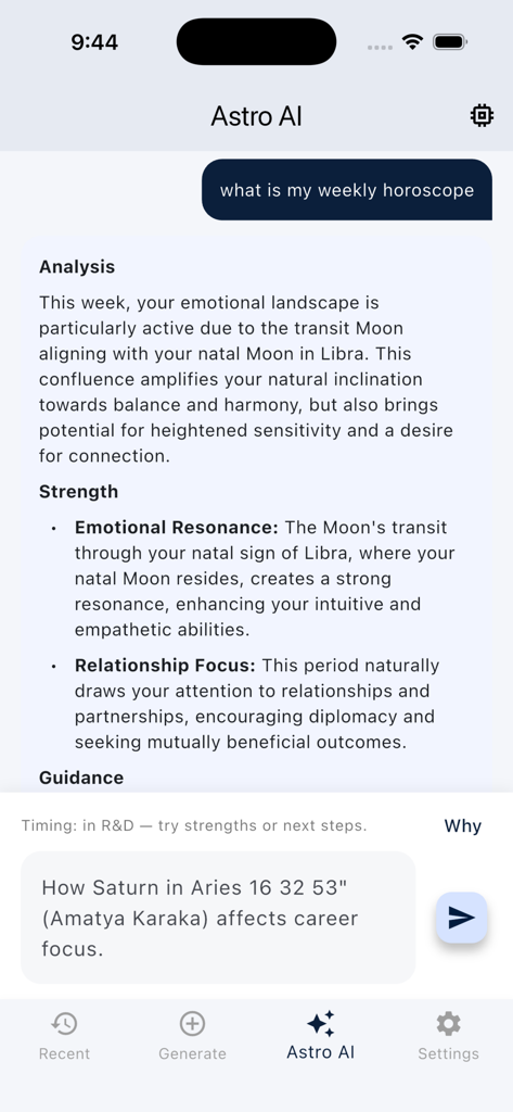 Vedic Chart: Horoscope, Kundli - A chat screen within the Vedic Chart app showing the Astro AI providing a personalized weekly horoscope analysis based on planetary transits.