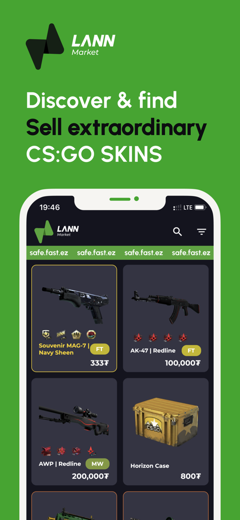 LANN Market - LANN Market mobile app interface for browsing and selling CSGO weapon skins