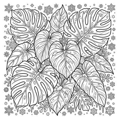 Explore the unique beauty of tropical Philodendron leaves embracing the winter season with this stunning coloring page. Delight in detailing intricate frost, delicate snowflakes, and glistening icicles as you bring this botanical wonderland to life.