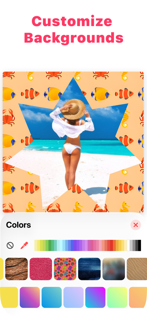 Photo Collage Maker: Collagify - Interfaz de la aplicación Collagify que muestra una foto de playa en un marco con forma de estrella con un fondo de patrón de criaturas marinas y herramientas de personalización.