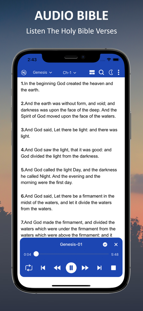 Smartphone screen displaying the audio bible feature of the New Living Translation Bible app with playback controls and scripture text from Genesis