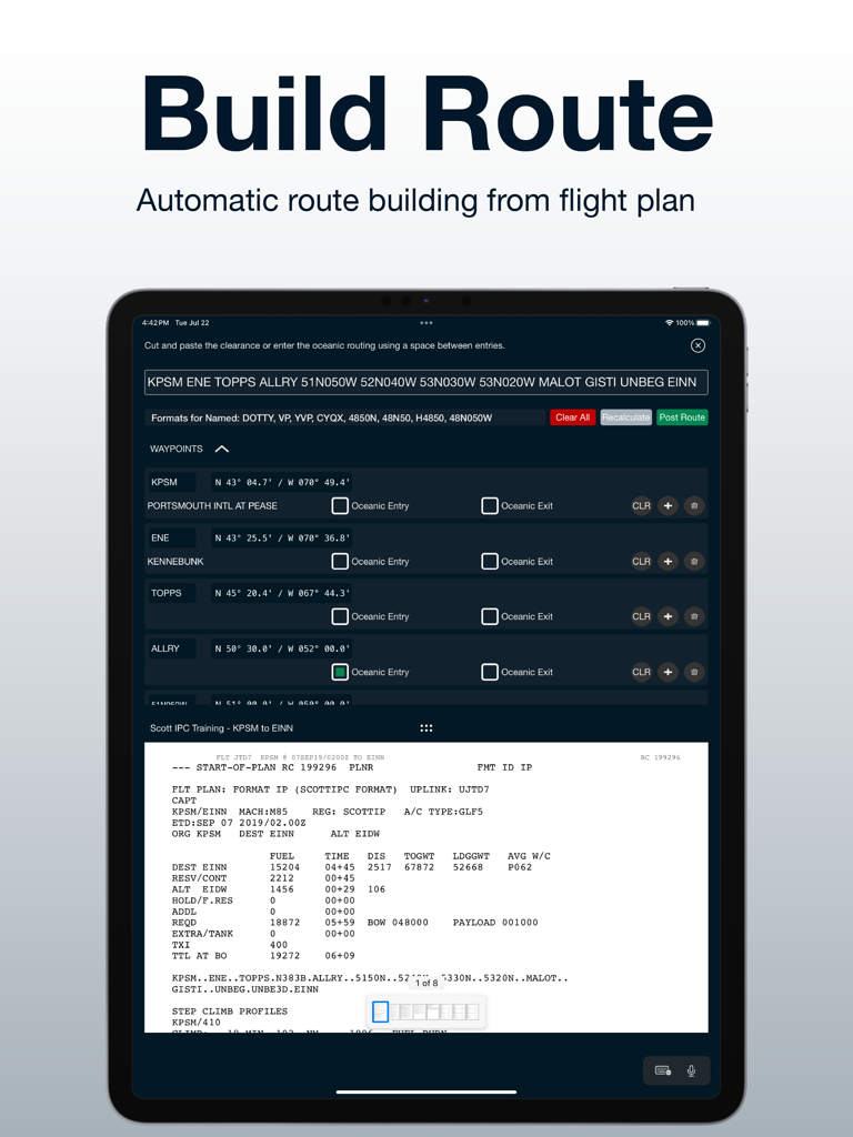 Interfaz de la aplicación Scott IPC para la construcción automática de rutas de vuelo en un iPad