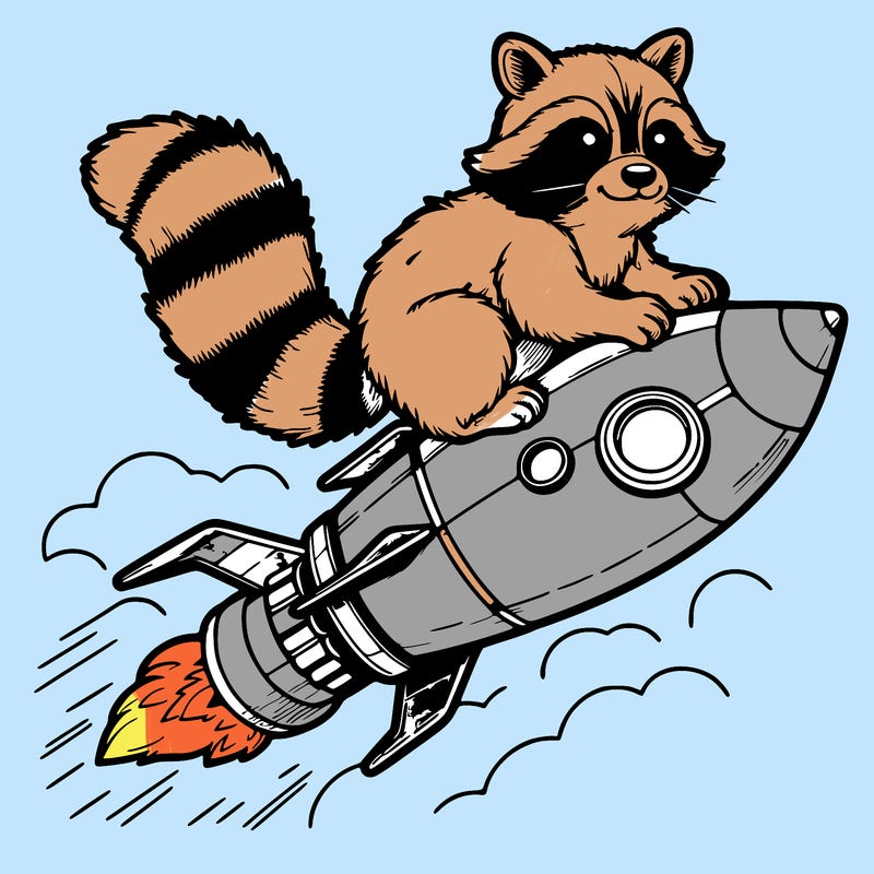 realistic raccoon flying on top rocket ship