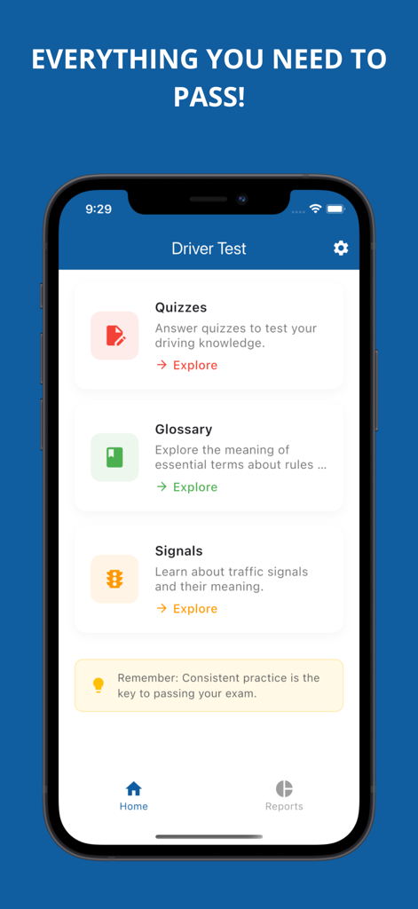 Theoretical driving test - Pantalla de inicio de la aplicación de examen teórico de conducir que muestra secciones para cuestionarios, glosario y señales de tránsito.