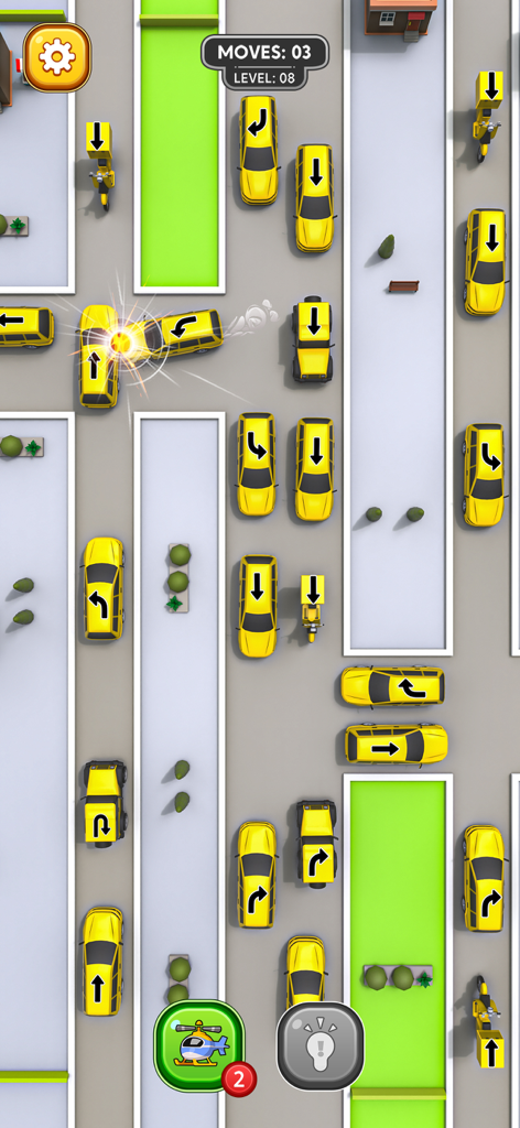 Jugabilidad cenital que muestra coches amarillos en un puzzle de atasco