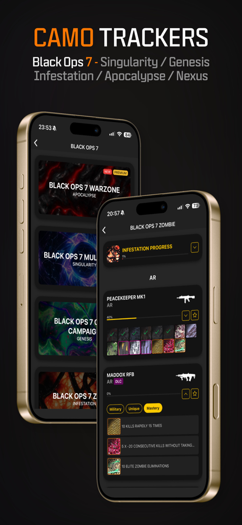 Mobile interface showing Black Ops 7 weapon camo progress and mastery trackers