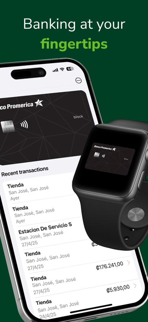 Promerica Móvil - Aplicación bancaria digital Promerica Movil mostrada en un smartphone y un smartwatch con historial de transacciones