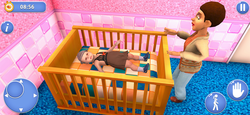 Mother character standing next to a baby lying in a crib in a 3D simulation game