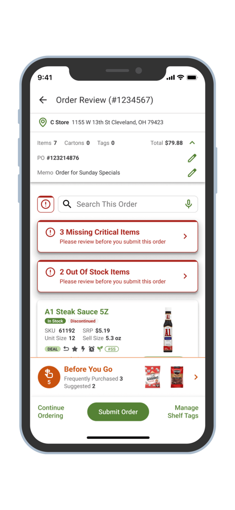 Écran mobile de l'application Core-Mark CustomerFirst montrant une page de révision de commande avec des alertes de stock pour les articles manquants et en rupture de stock