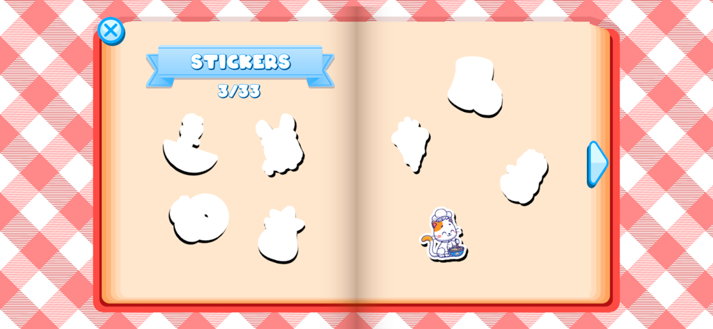 Cooking Time! - Pantalla del libro de pegatinas digital en la aplicación ¡Hora de Cocinar! con una recompensa de chef gato.