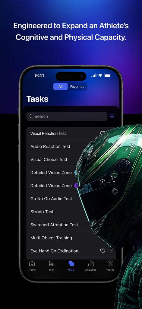 Soma NPT app interface showing a list of neuro performance training tasks for athletes
