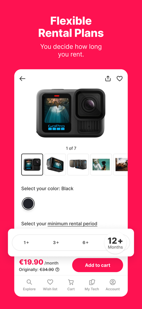 Grover app screen showing flexible rental periods and pricing for a GoPro camera.