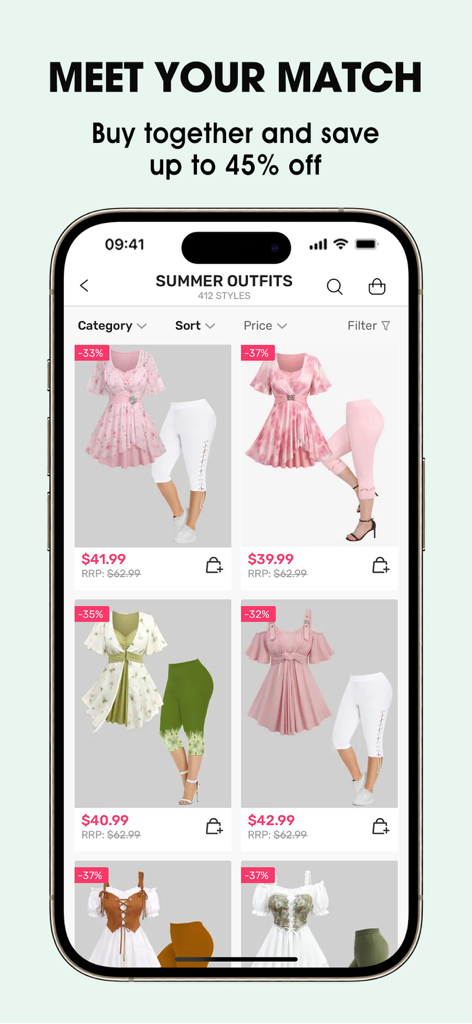 Aplicación móvil RoseGal mostrando combinaciones de conjuntos de verano con descuentos por lote