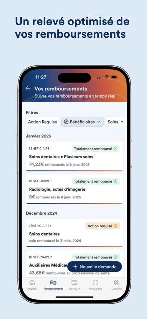 Capture d'écran de l'application mobile Vivinter affichant les demandes de remboursement d'assurance santé et les mises à jour de statut.