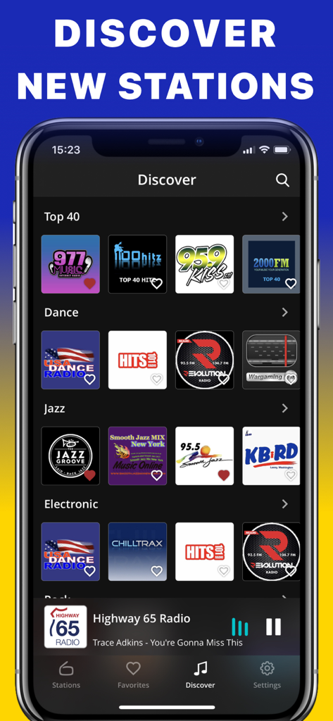 FM Radio Tuner live Player app - Una interfaz de aplicación móvil que muestra el descubrimiento de estaciones de radio categorizadas por géneros musicales.