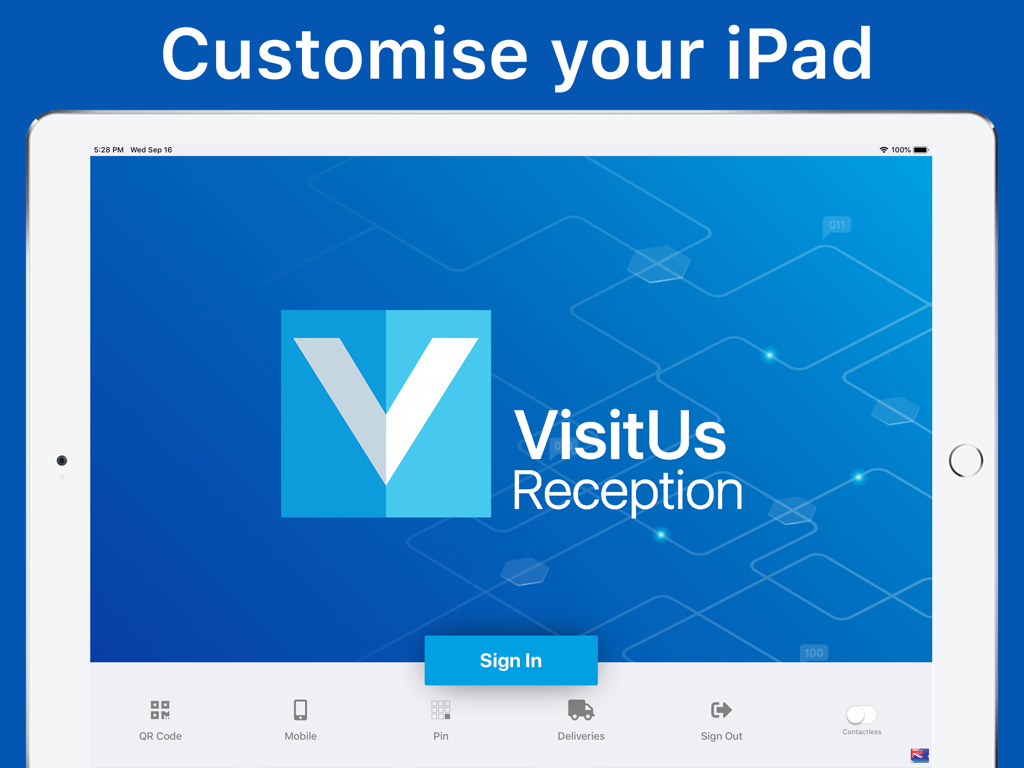 Schermata di registrazione visitatori della reception di VisitUs su un tablet iPad con branding personalizzabile