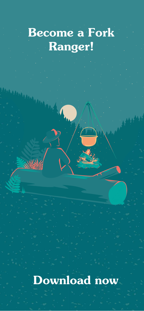 Fork Ranger - sustainable food - An illustration of a person sitting by a campfire under a starry night sky with the text Become a Fork Ranger