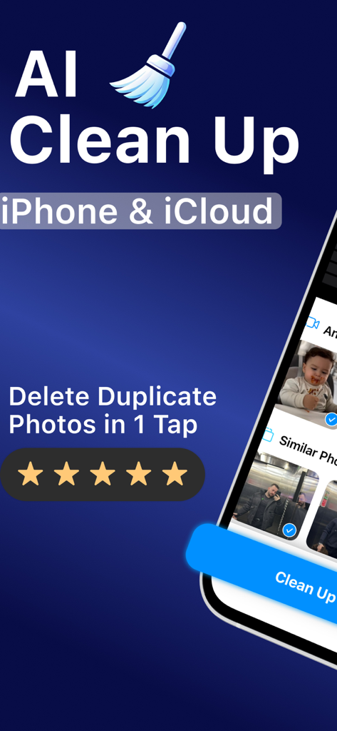 Cleaner AI - Clean Up Storage - Promotional screen for Cleaner AI app showing the feature to delete duplicate photos on iPhone in one tap.