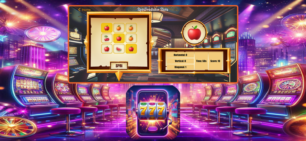 Ember Slots Ignition - Gameplay of the SpinPredictor Slots mode in Ember Slots Ignition showing a grid of fruit symbols and a casino environment background