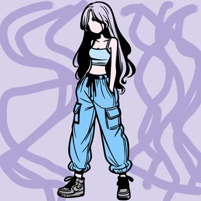 girl in baggy pants crop top and long hair