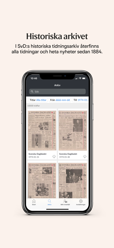 eSvD - The eSvD app historical archive screen showing digital copies of newspapers dating back to 1884.
