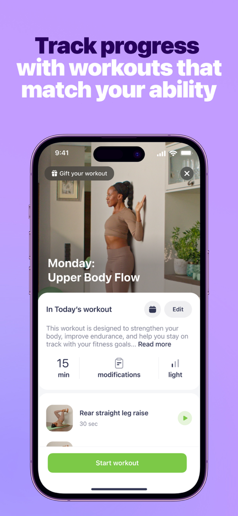Simple: AI Weight Loss Coach - Interface of Simple AI Weight Loss Coach showing a fifteen minute upper body workout with exercise demonstrations