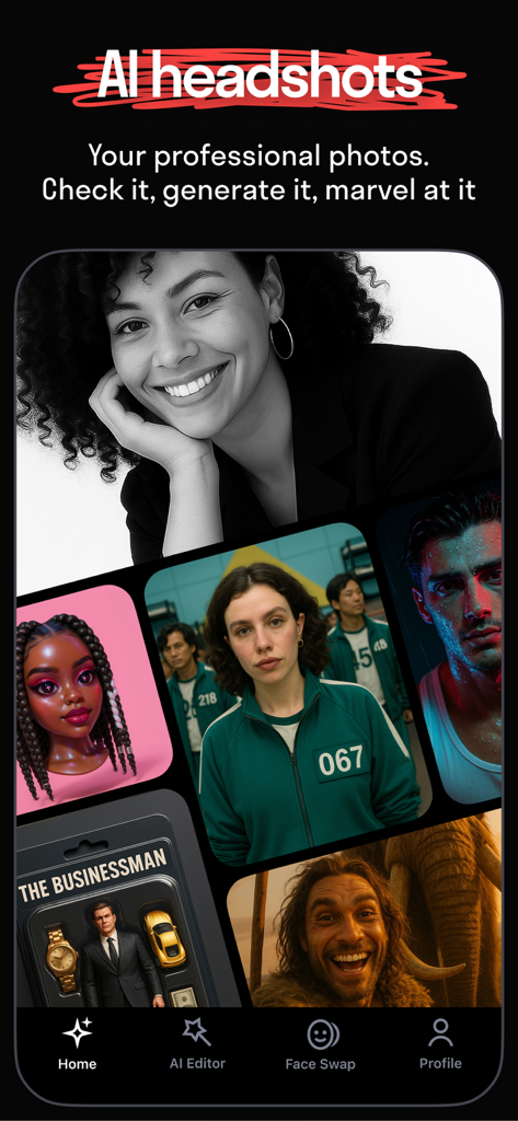 Reface: Face Swap AI Photo App - Reface app dashboard featuring professional AI headshots and creative character filters