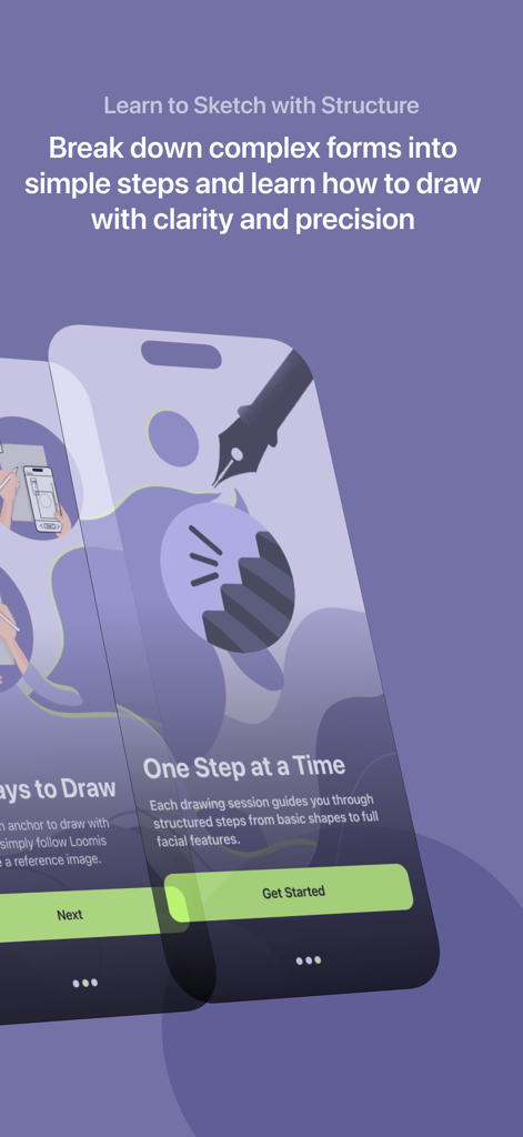 WeDraw: Trace & Create - Interface de l'application WeDraw montrant un guide pour apprendre la structure des croquis avec des étapes simples.