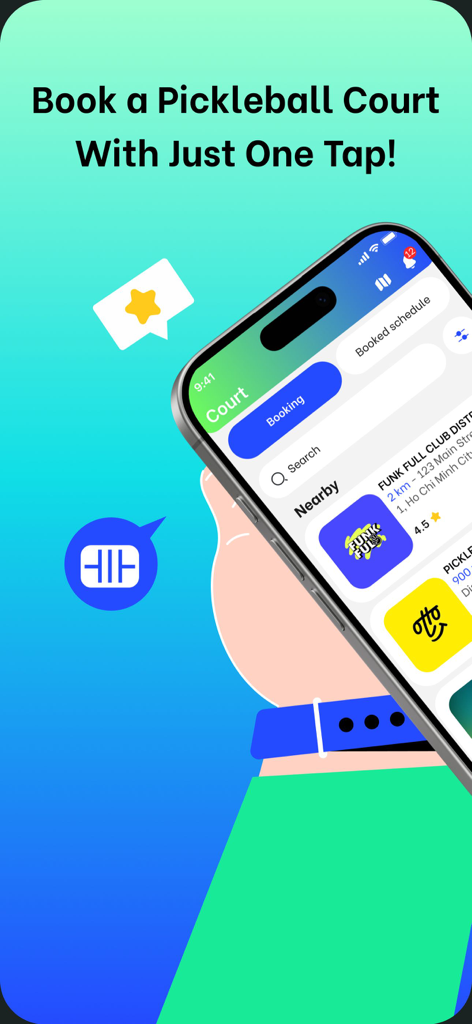 Wow Sport mobile app interface showing pickleball court booking options and nearby clubs.
