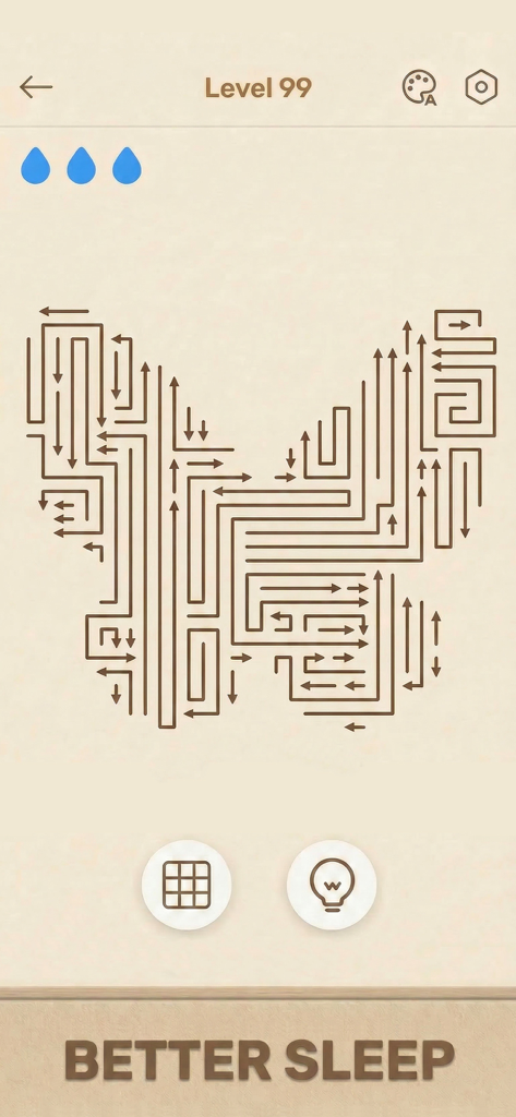 Arrows GO 게임 레벨 99의 미니멀리스트 나비 모양 화살 퍼즐, 더 나은 수면을 위한 휴식 강조