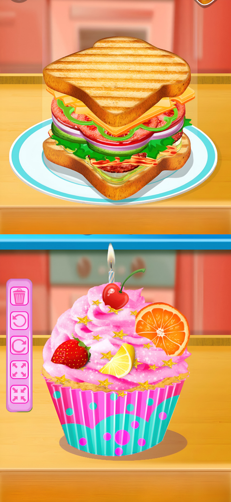 My LunchBox - Cooking Game - A multi-layered grilled sandwich and a decorated pink cupcake with fruits in a children's cooking game.