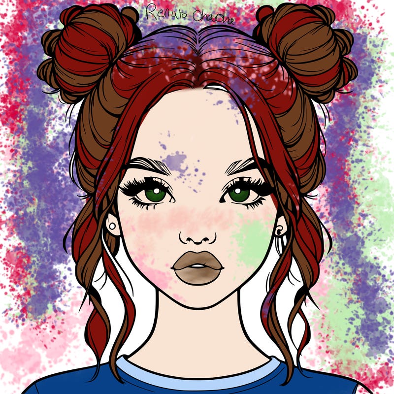 realistic girl with two buns in hair and lips