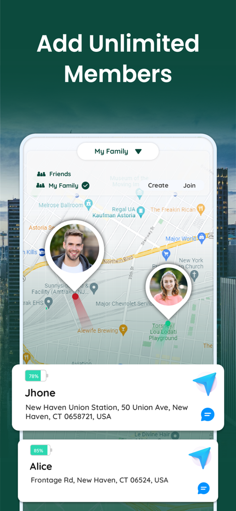 GPS Phone Locator and Tracker - FamilyConnect app interface showing real-time GPS location of family members on a map