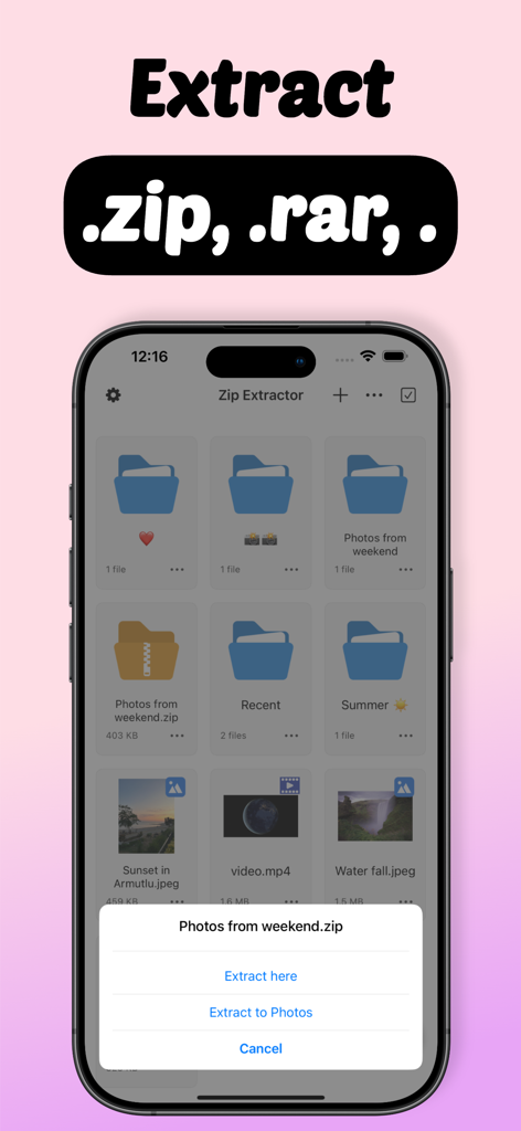 Zip Extractor: Unzip View File - Interfaz de la aplicación Extractor Zip en iPhone mostrando opciones para extraer una carpeta zip al dispositivo o al carrete
