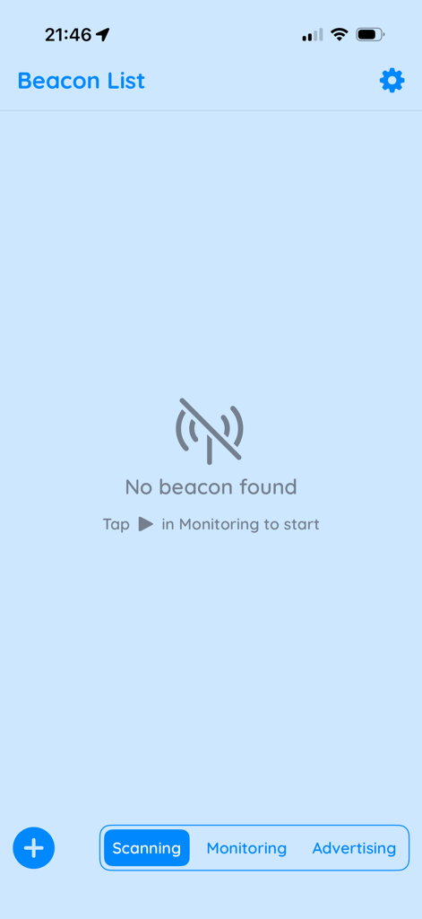 Beacon List scanning interface in the Beacon Multi-Tool app showing no beacons found.